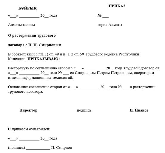 Приказ о расторжении трудового договора по соглашению сторон